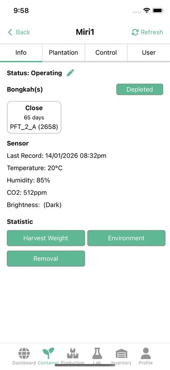 OINC app unit status screen showing live temperature, humidity and CO2 readings