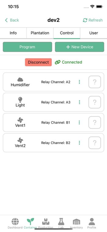 OINC app control screen for humidifier, light and ventilation relays